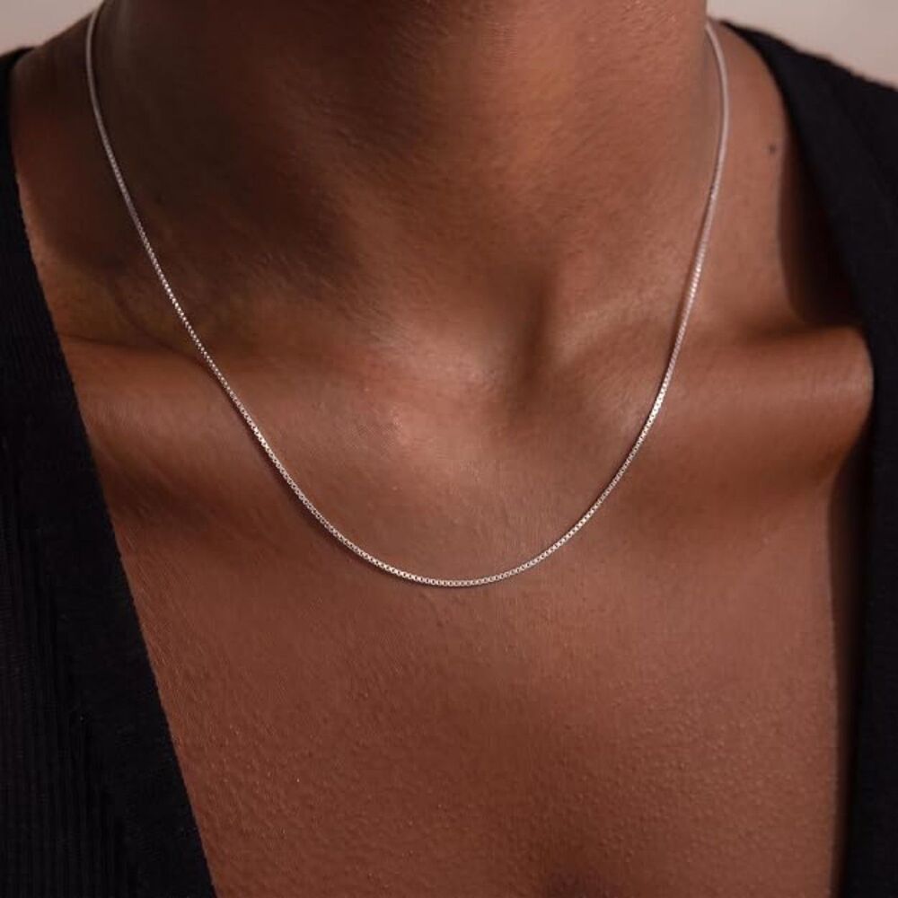 925 Sterling Silver Box Chain Necklace 24" 0.8mm Lobster Clasp Women's Jewelry